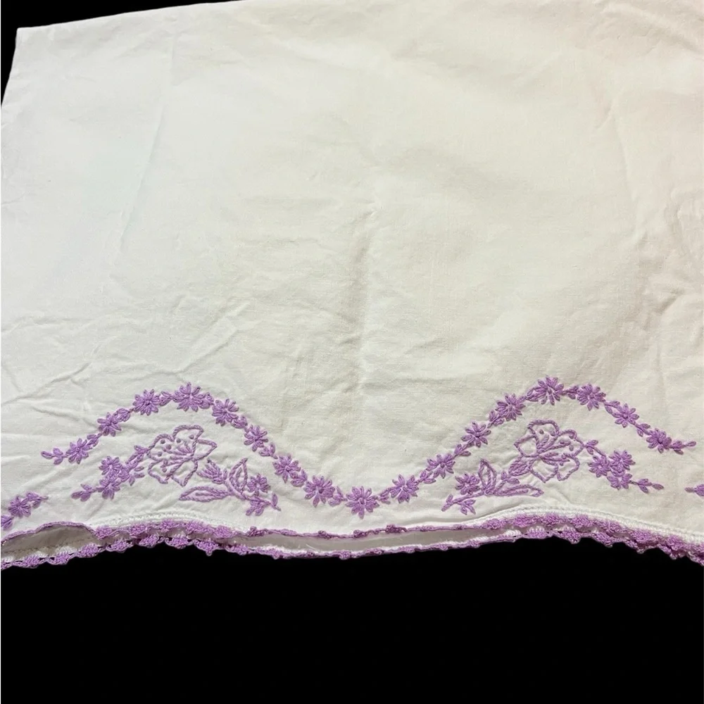Collectible Pillowcase Hand Embroidery Crocheted 28 Inch x 19 Inch Multi Purple